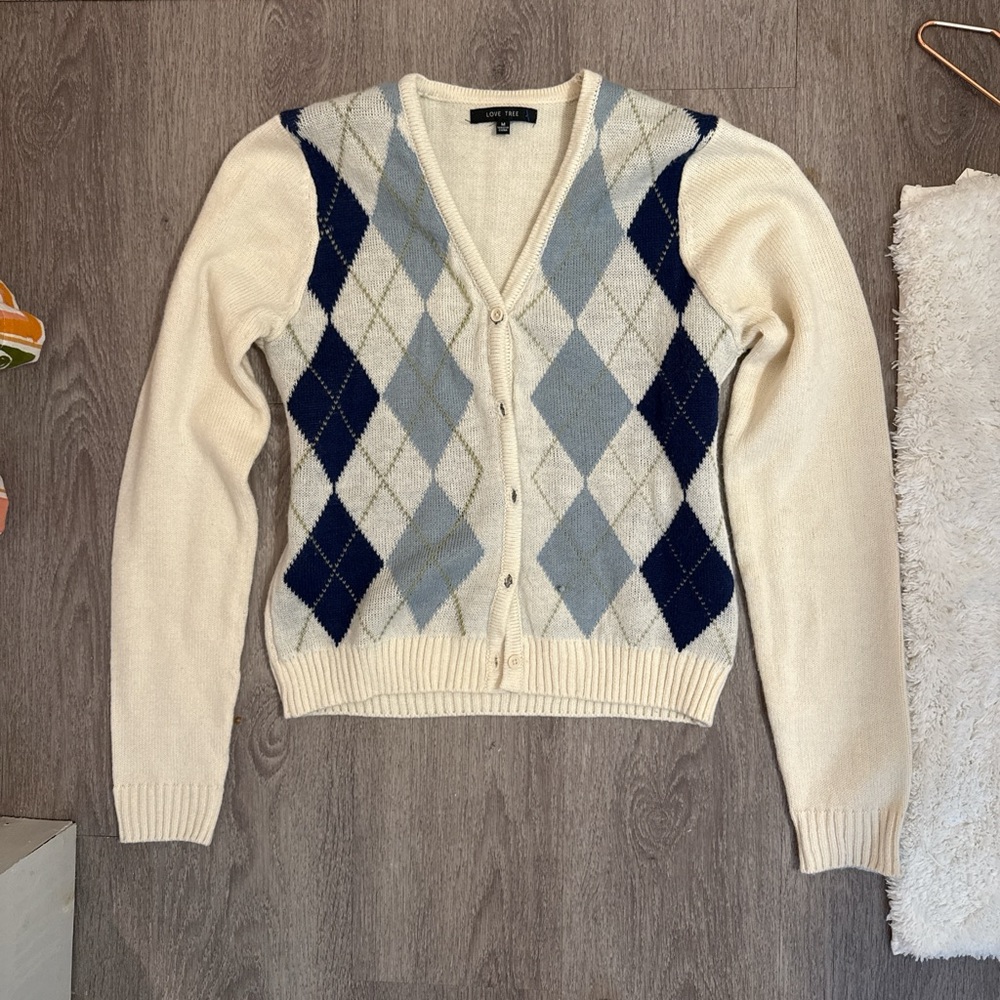 Love Tree Cream and Blue Cardigan with Argyle Pattern